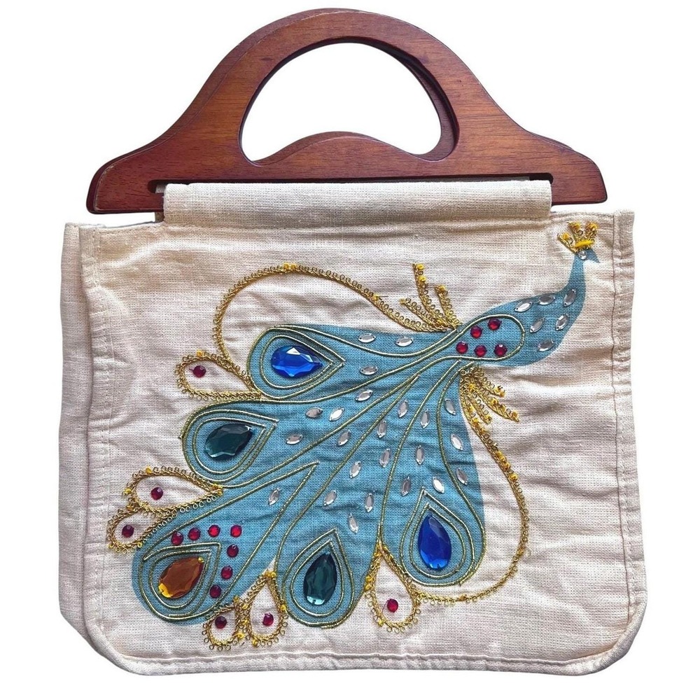Peacock‎ Jeweled Applique Linen Tote Bag  Boho Statement Purse Vintage 70s